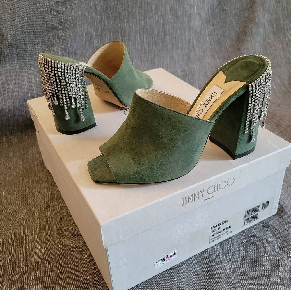 New Jimmy Choo Crystal Rhinestones Suede Mules Block Sandals Size 6.5/7. - Picture 3 of 12